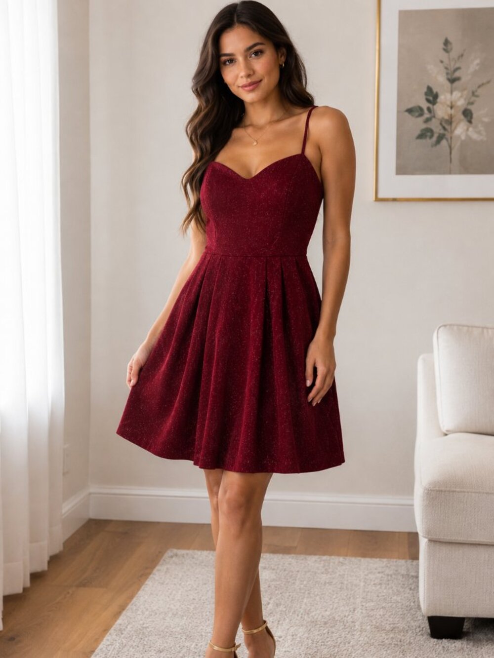 Soprano Burgundy/WINE Glitter Fit & Flare Party Dress Spaghetti Strap SMALL